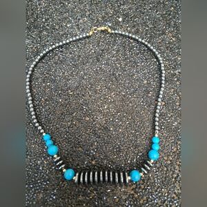 16 inch Hematite and Turquoise Beaded Necklace